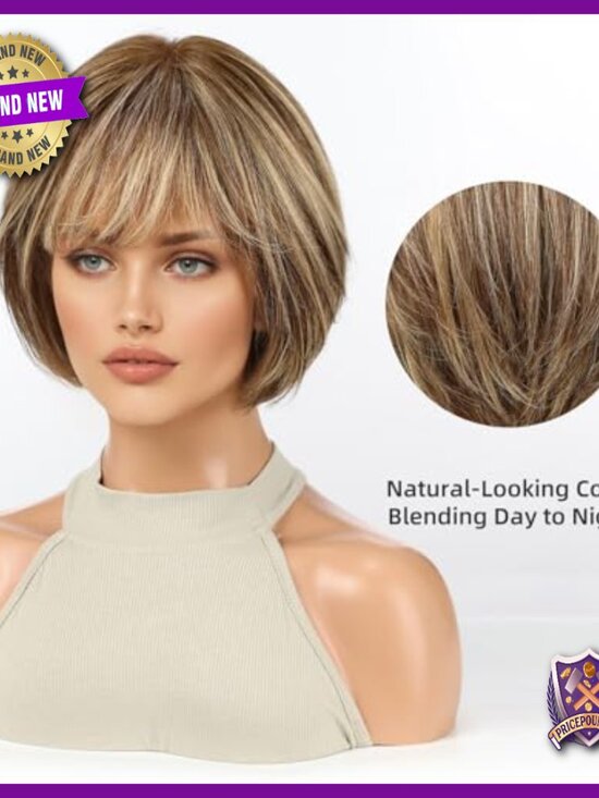 Short Bob Human Hair Wig with Bangs, Layered Cut, Heat Resistant